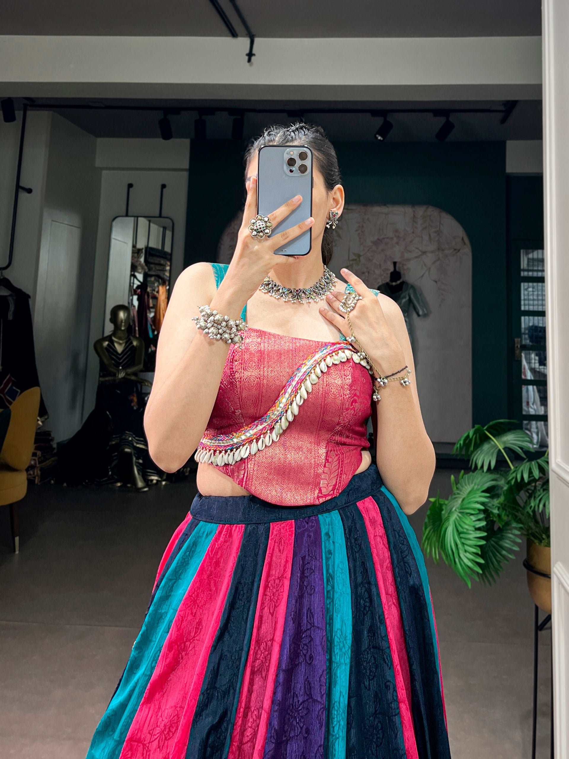 Womenline Multicolor Panelled Navratri Lehenga Choli with Designer Blouse