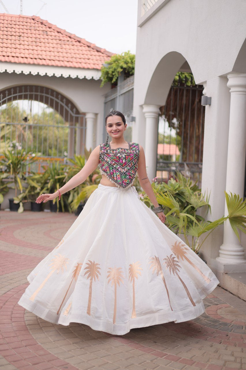 Womenline White Navratri Lehenga Choli with Mirror Work Blouse