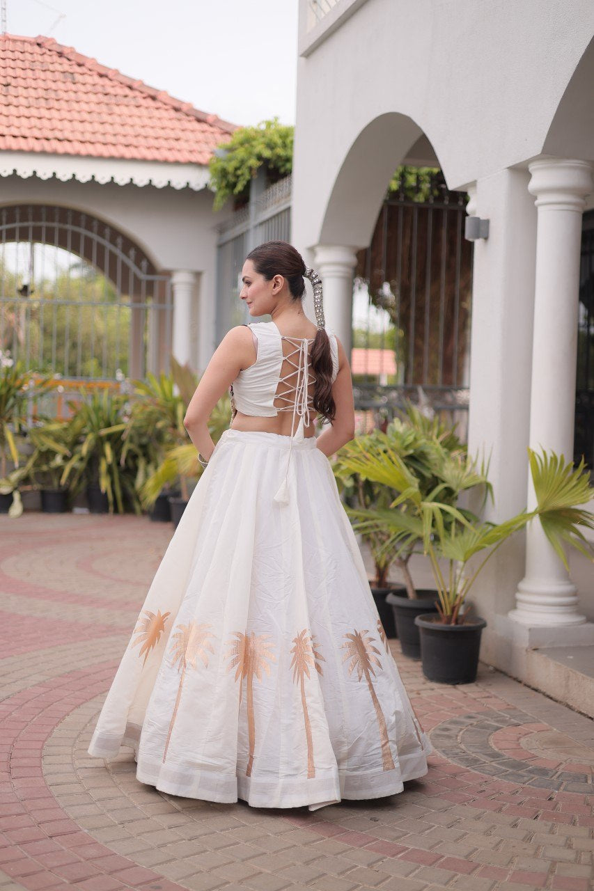 Womenline White Navratri Lehenga Choli with Mirror Work Blouse