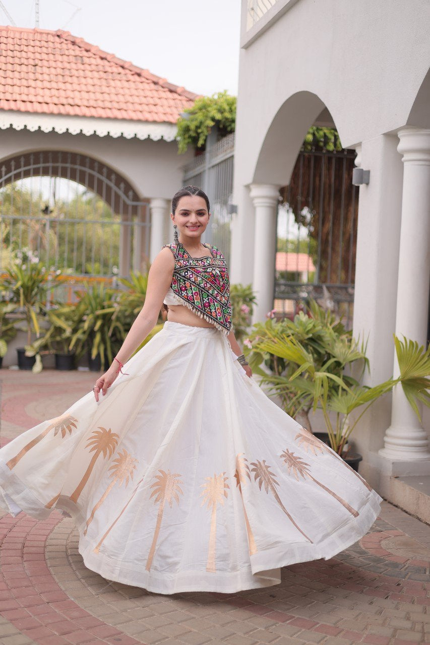 Womenline White Navratri Lehenga Choli with Mirror Work Blouse