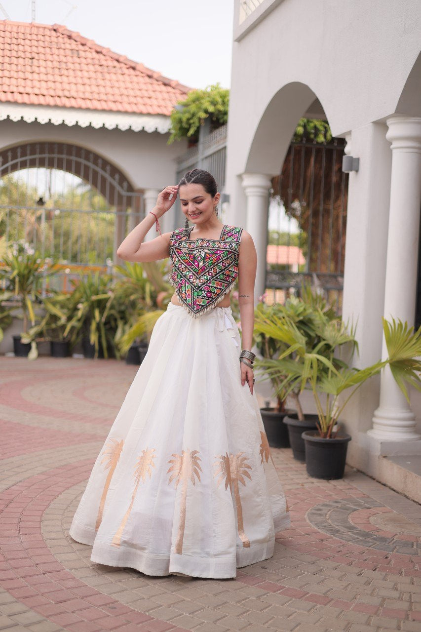 Womenline White Navratri Lehenga Choli with Mirror Work Blouse