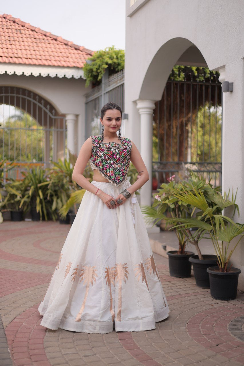 Womenline White Navratri Lehenga Choli with Mirror Work Blouse