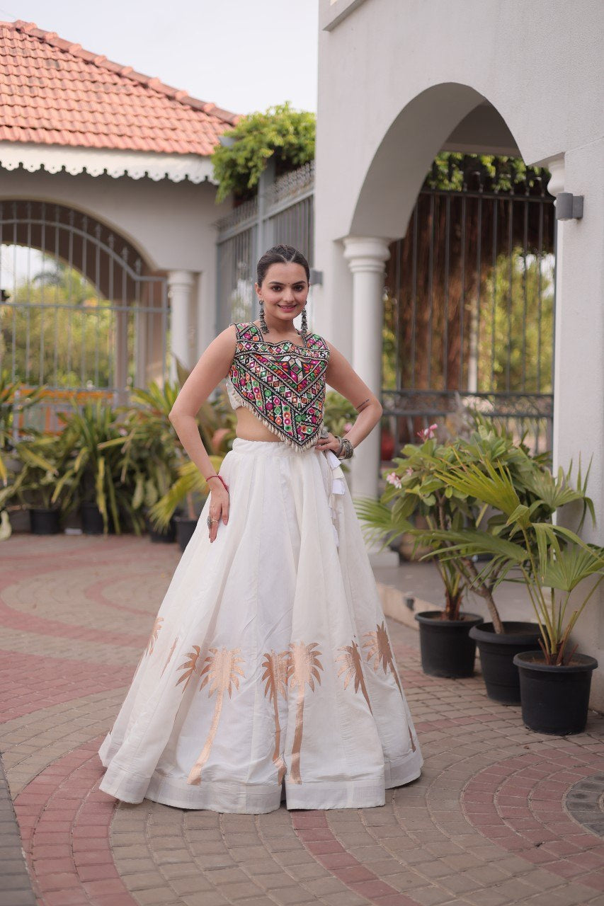 Womenline White Navratri Lehenga Choli with Mirror Work Blouse