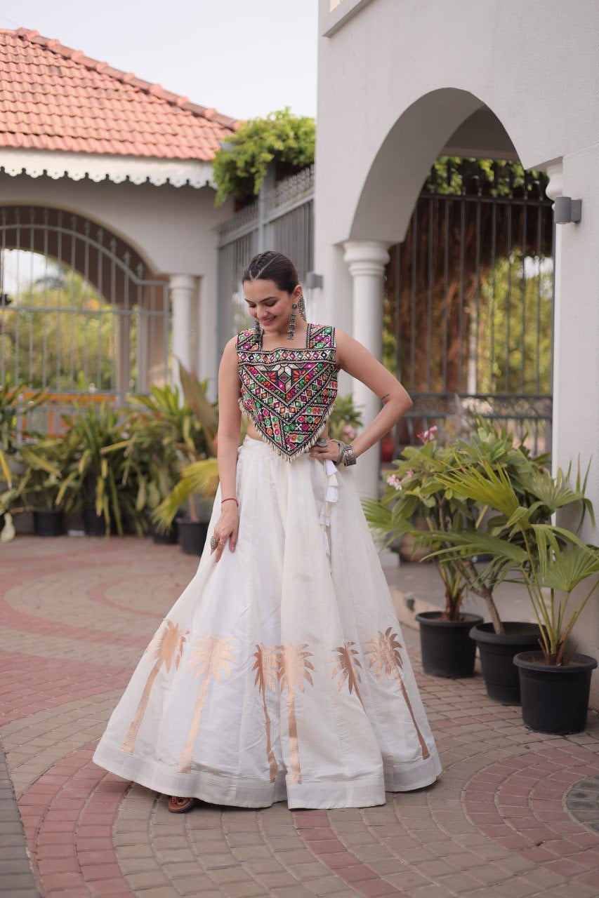 Womenline White Navratri Lehenga Choli with Mirror Work Blouse