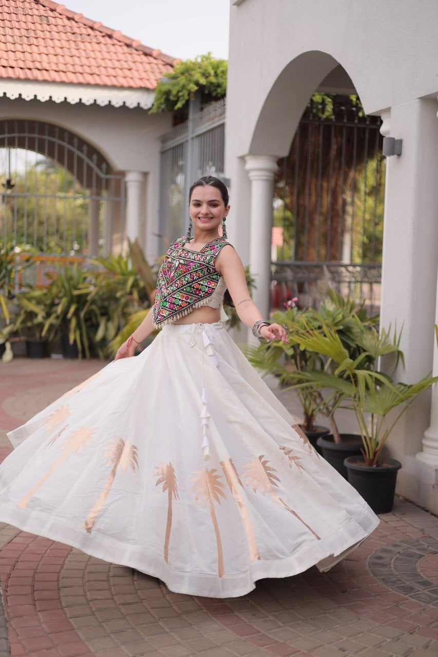 Womenline White Navratri Lehenga Choli with Mirror Work Blouse