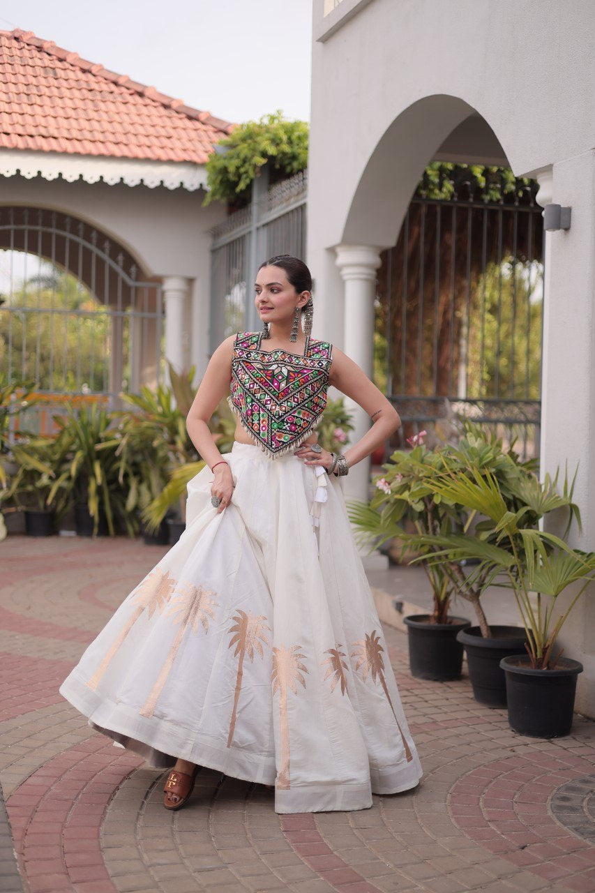 Womenline White Navratri Lehenga Choli with Mirror Work Blouse