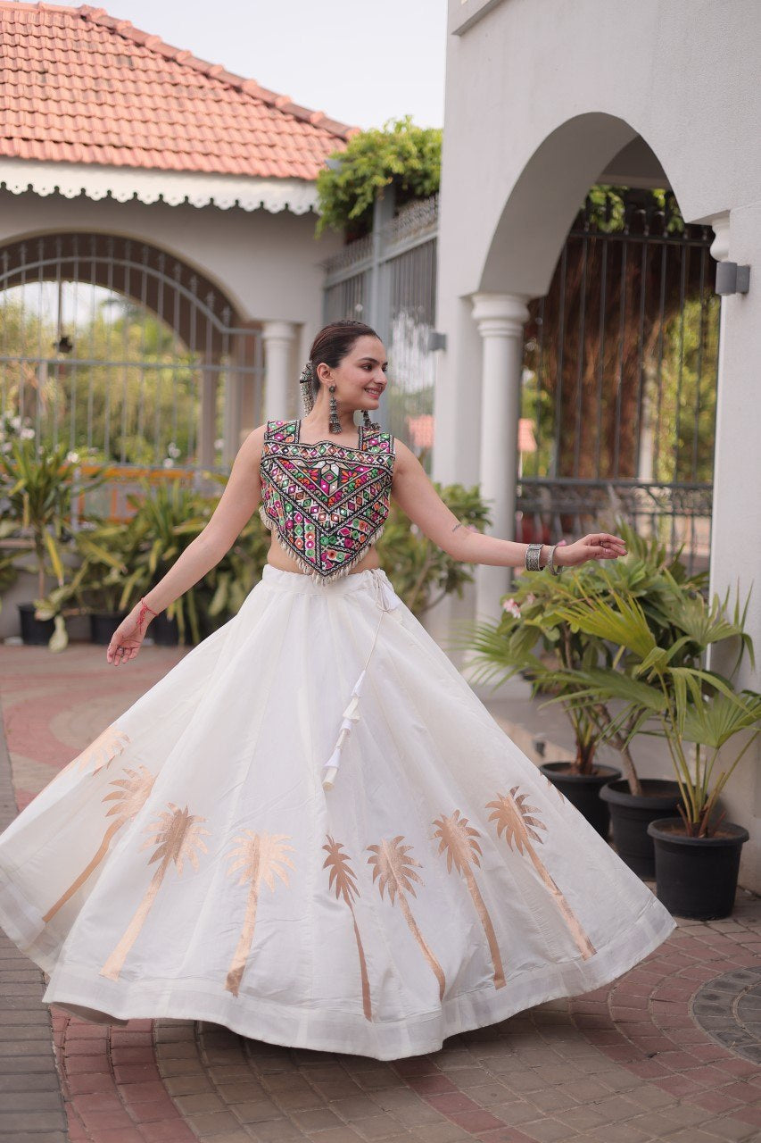 Womenline White Navratri Lehenga Choli with Mirror Work Blouse
