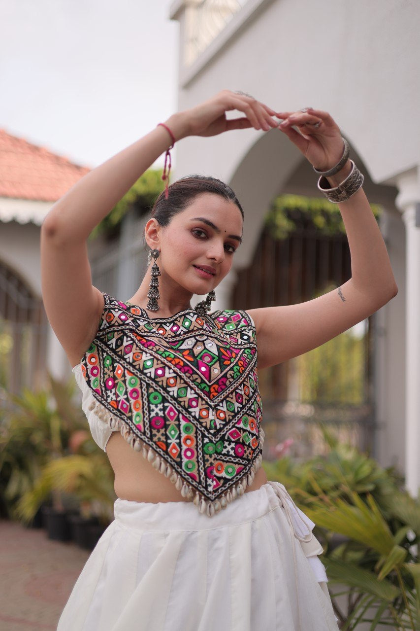 Womenline White Navratri Lehenga Choli with Mirror Work Blouse