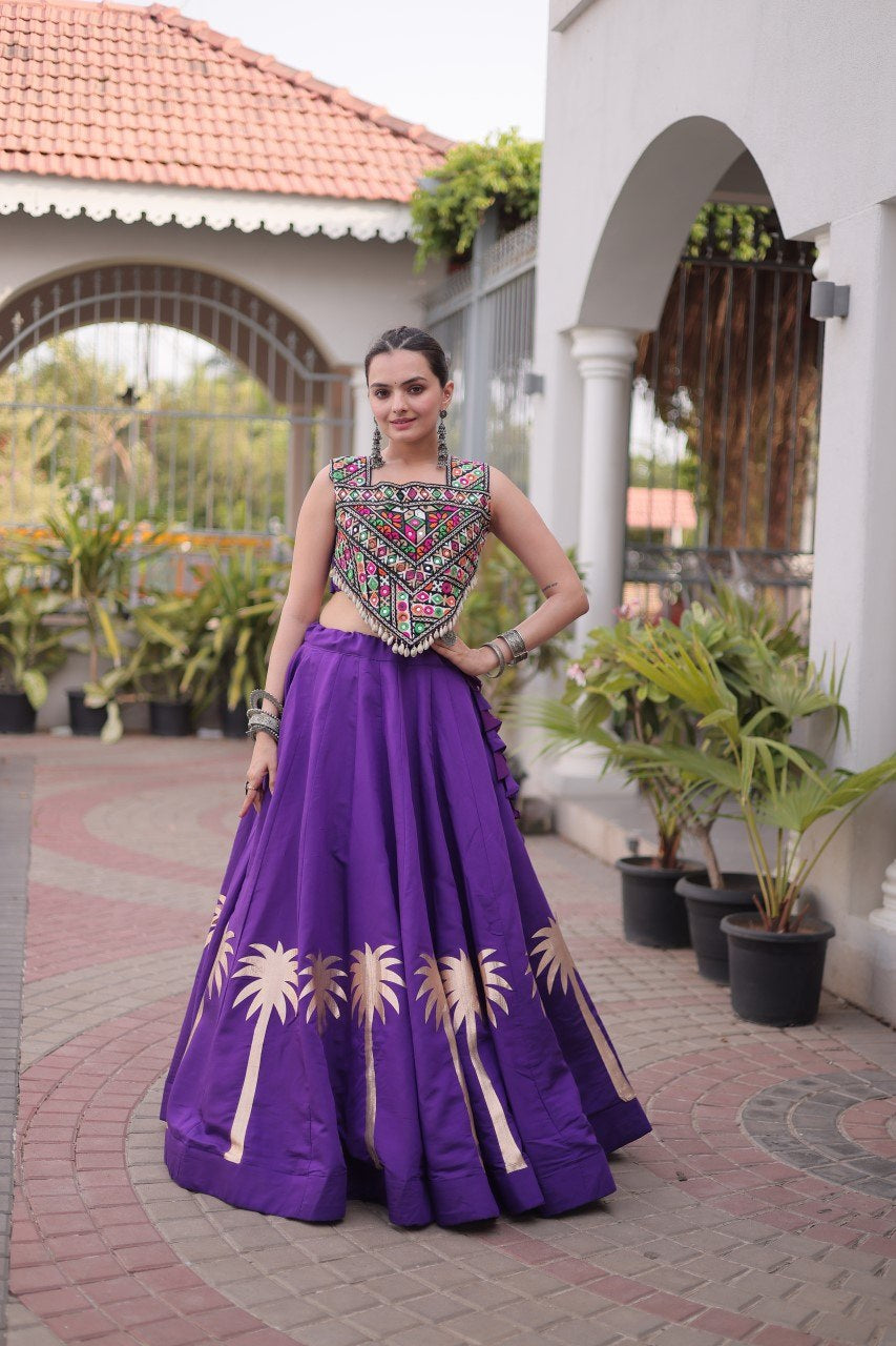Womenline Purple Navratri Lehenga Choli with Mirror Work Blouse