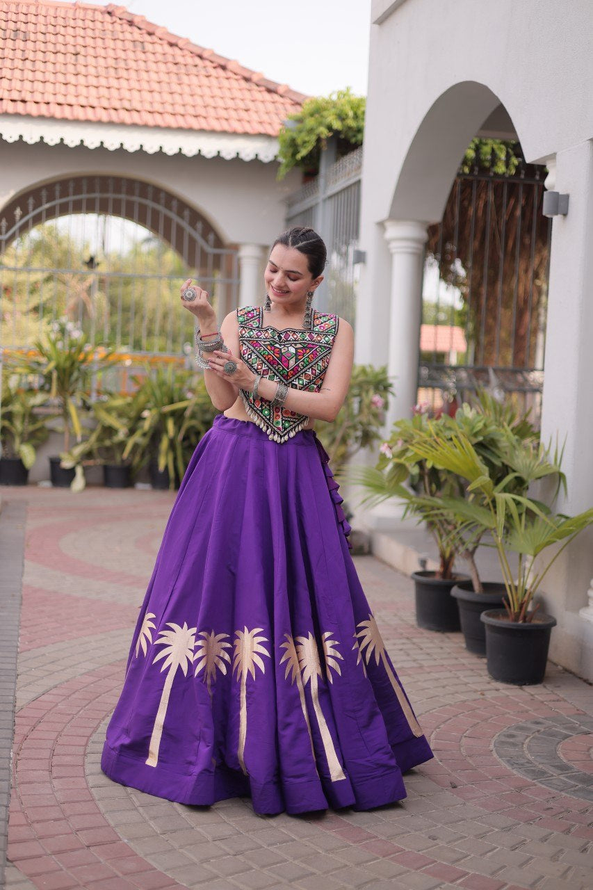 Womenline Purple Navratri Lehenga Choli with Mirror Work Blouse