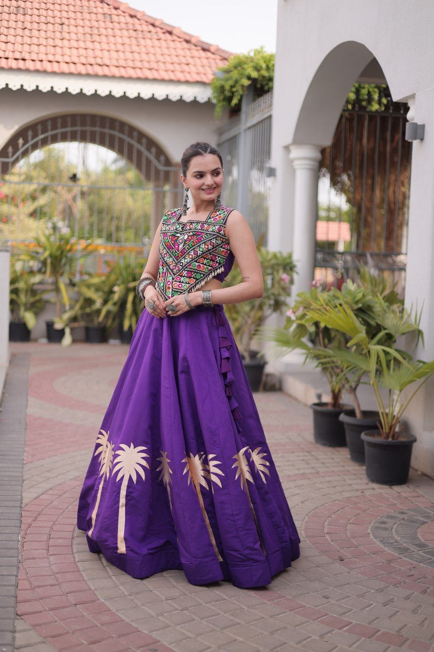 Womenline Purple Navratri Lehenga Choli with Mirror Work Blouse