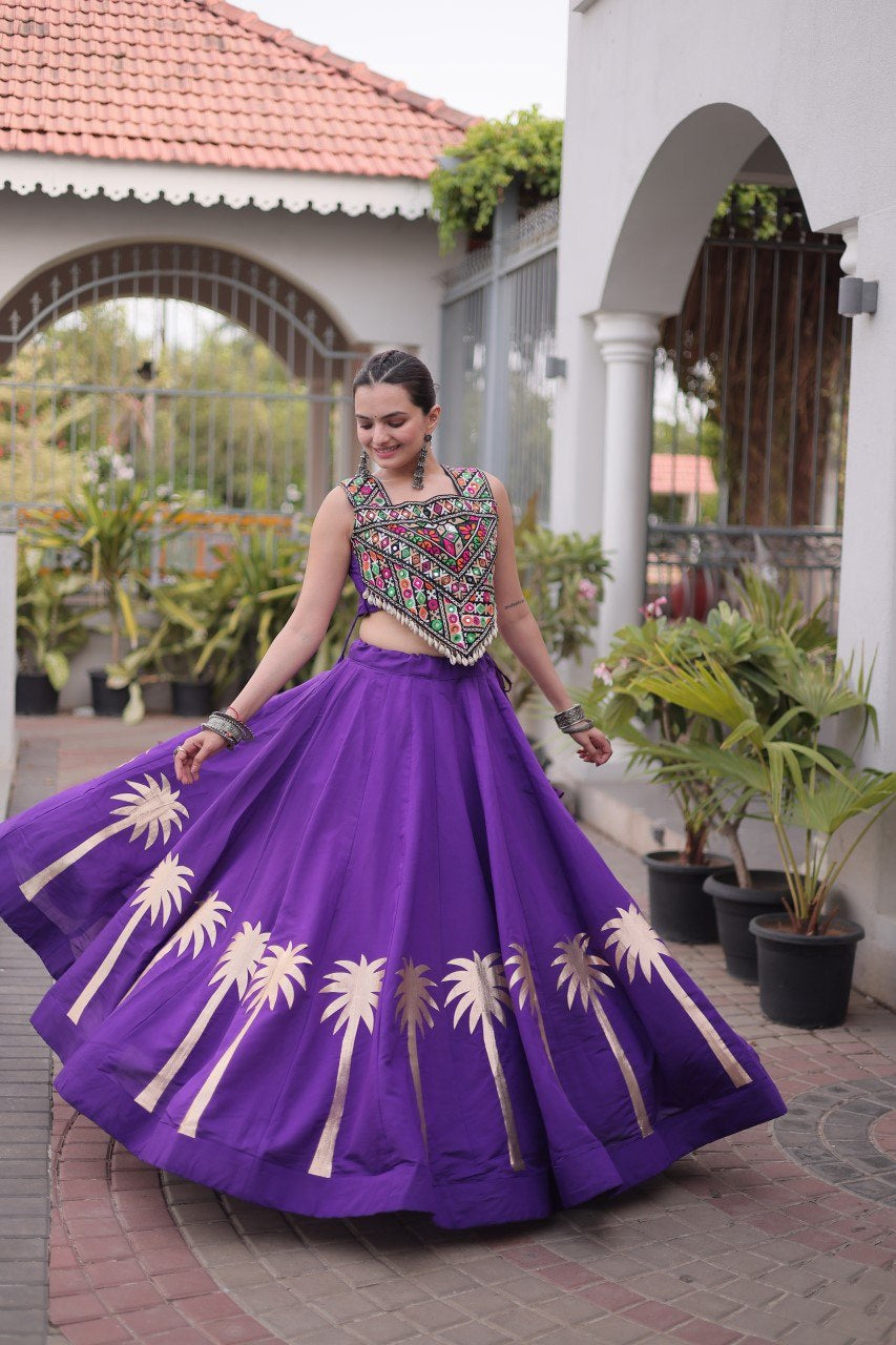 Womenline Purple Navratri Lehenga Choli with Mirror Work Blouse