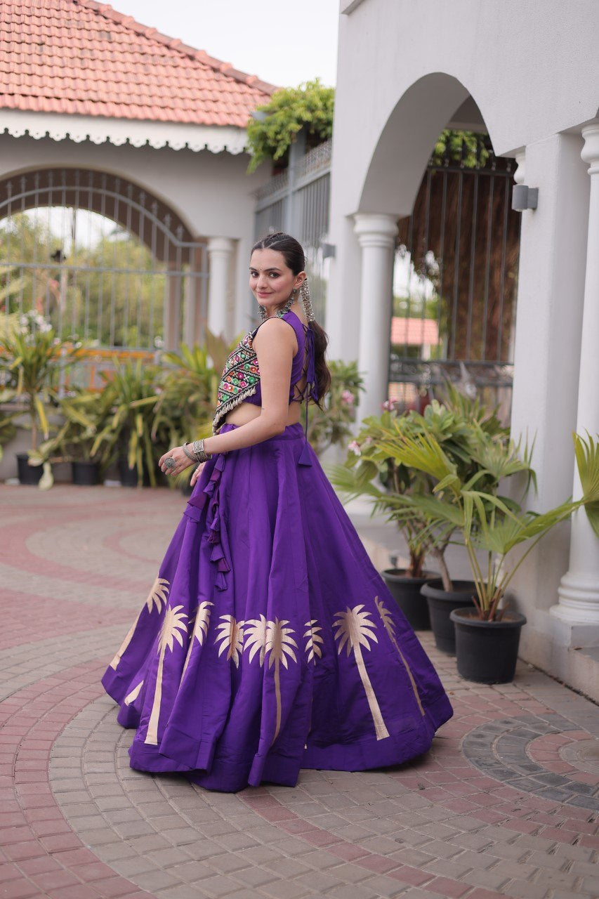 Womenline Purple Navratri Lehenga Choli with Mirror Work Blouse