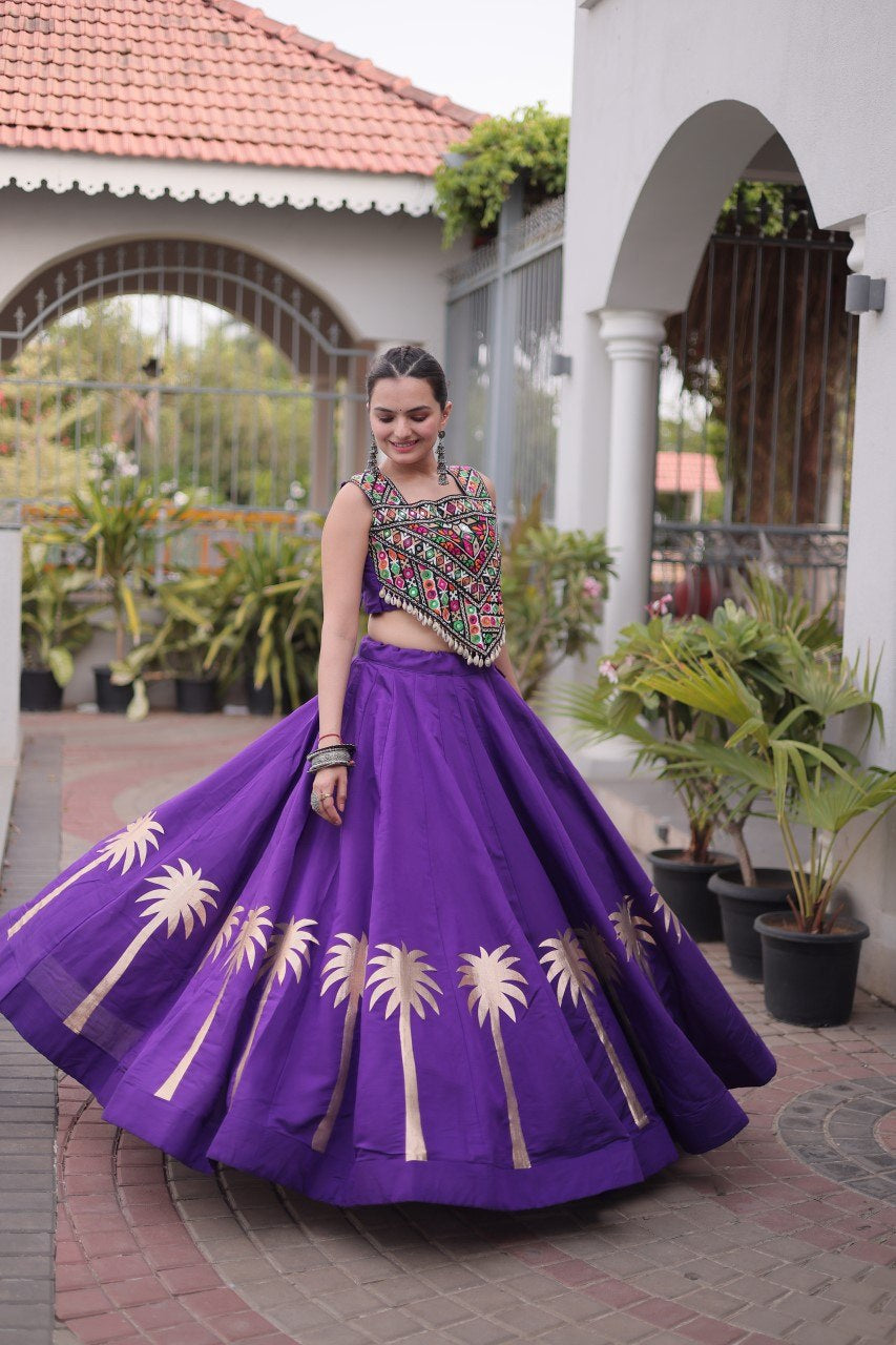 Womenline Purple Navratri Lehenga Choli with Mirror Work Blouse