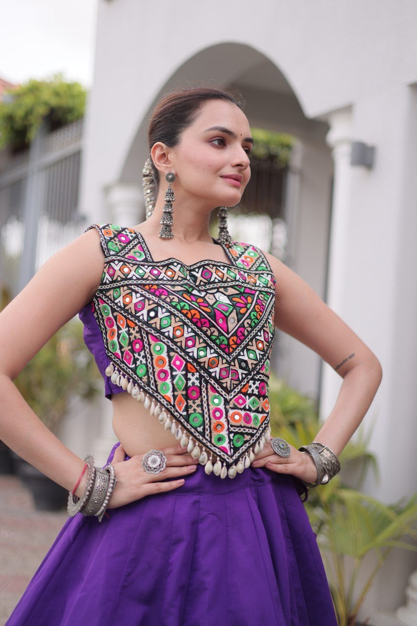 Womenline Purple Navratri Lehenga Choli with Mirror Work Blouse