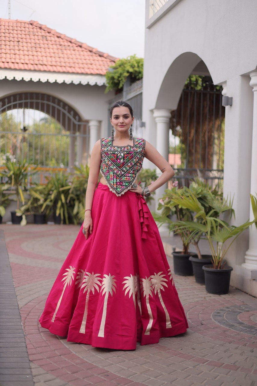 Womenline Rani Pink Navratri Lehenga Choli with Mirror Work Blouse