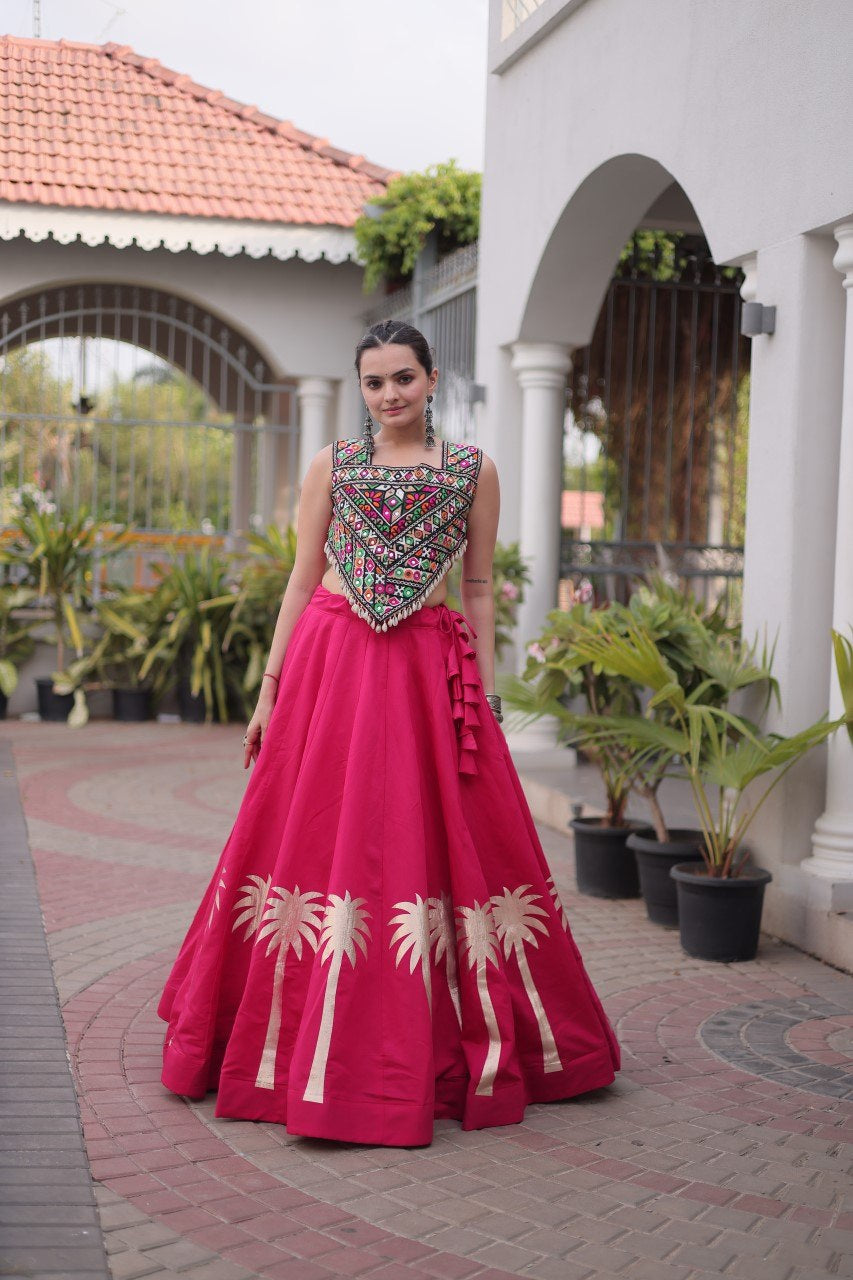 Womenline Rani Pink Navratri Lehenga Choli with Mirror Work Blouse