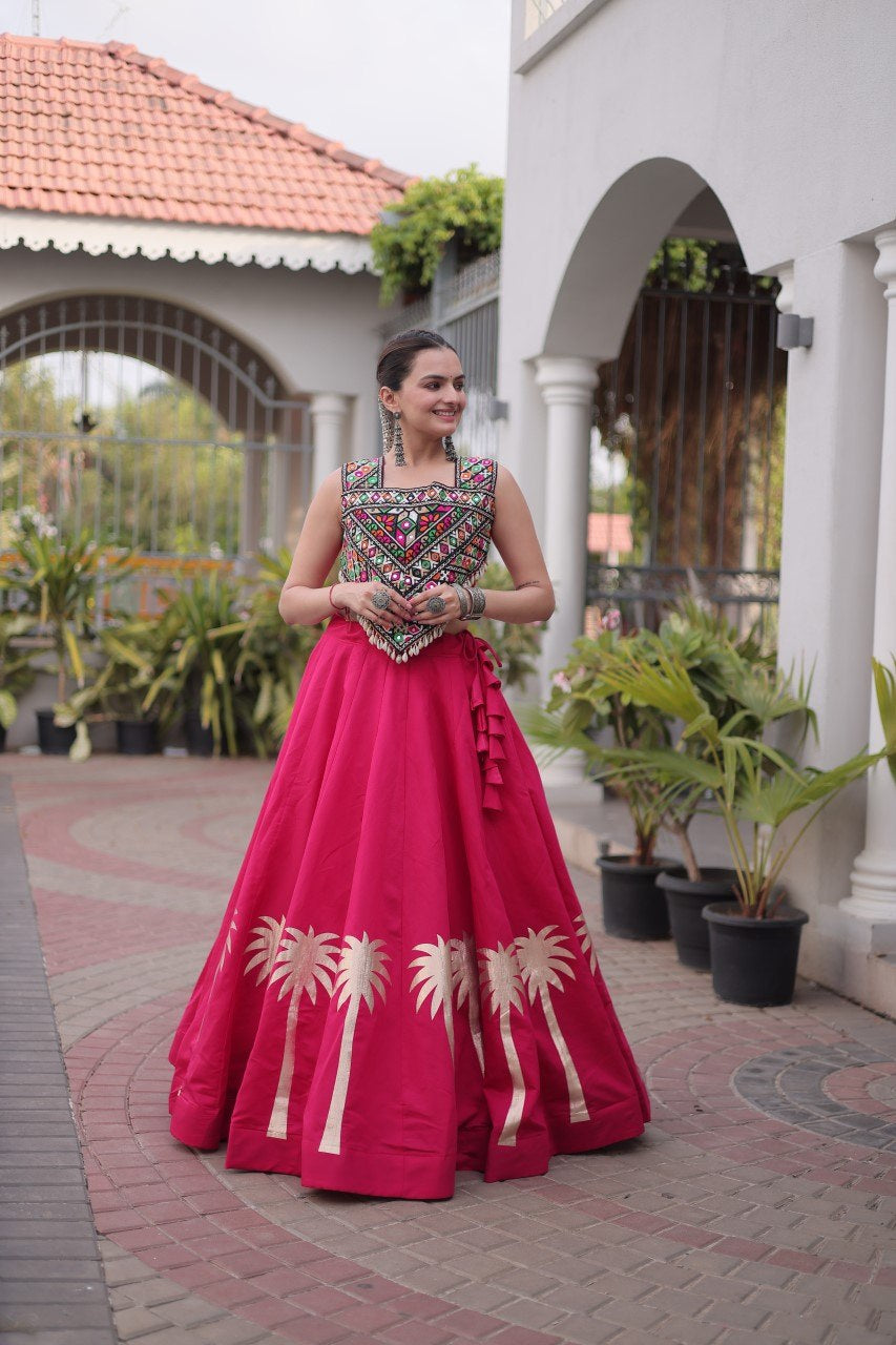 Womenline Rani Pink Navratri Lehenga Choli with Mirror Work Blouse