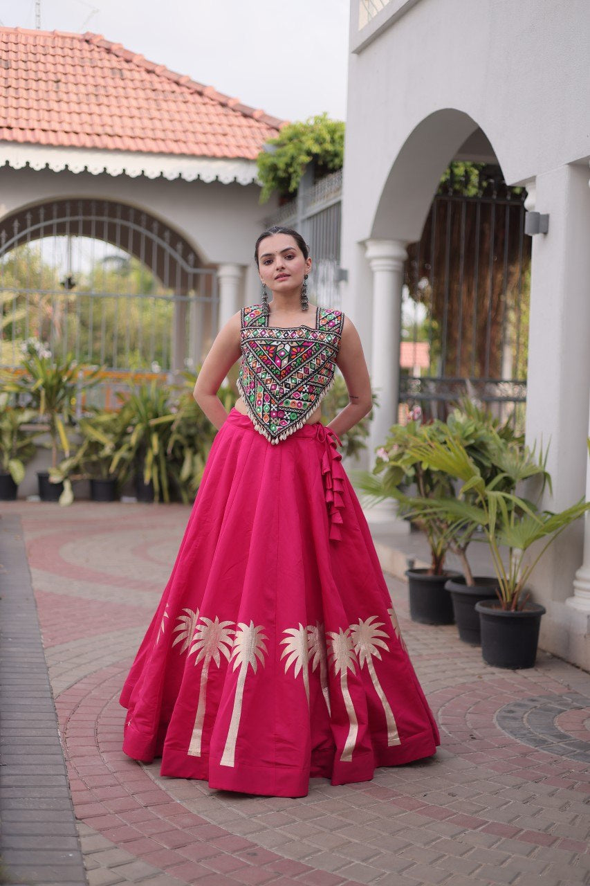 Womenline Rani Pink Navratri Lehenga Choli with Mirror Work Blouse