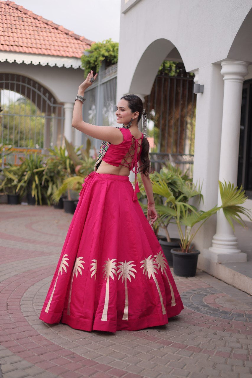 Womenline Rani Pink Navratri Lehenga Choli with Mirror Work Blouse