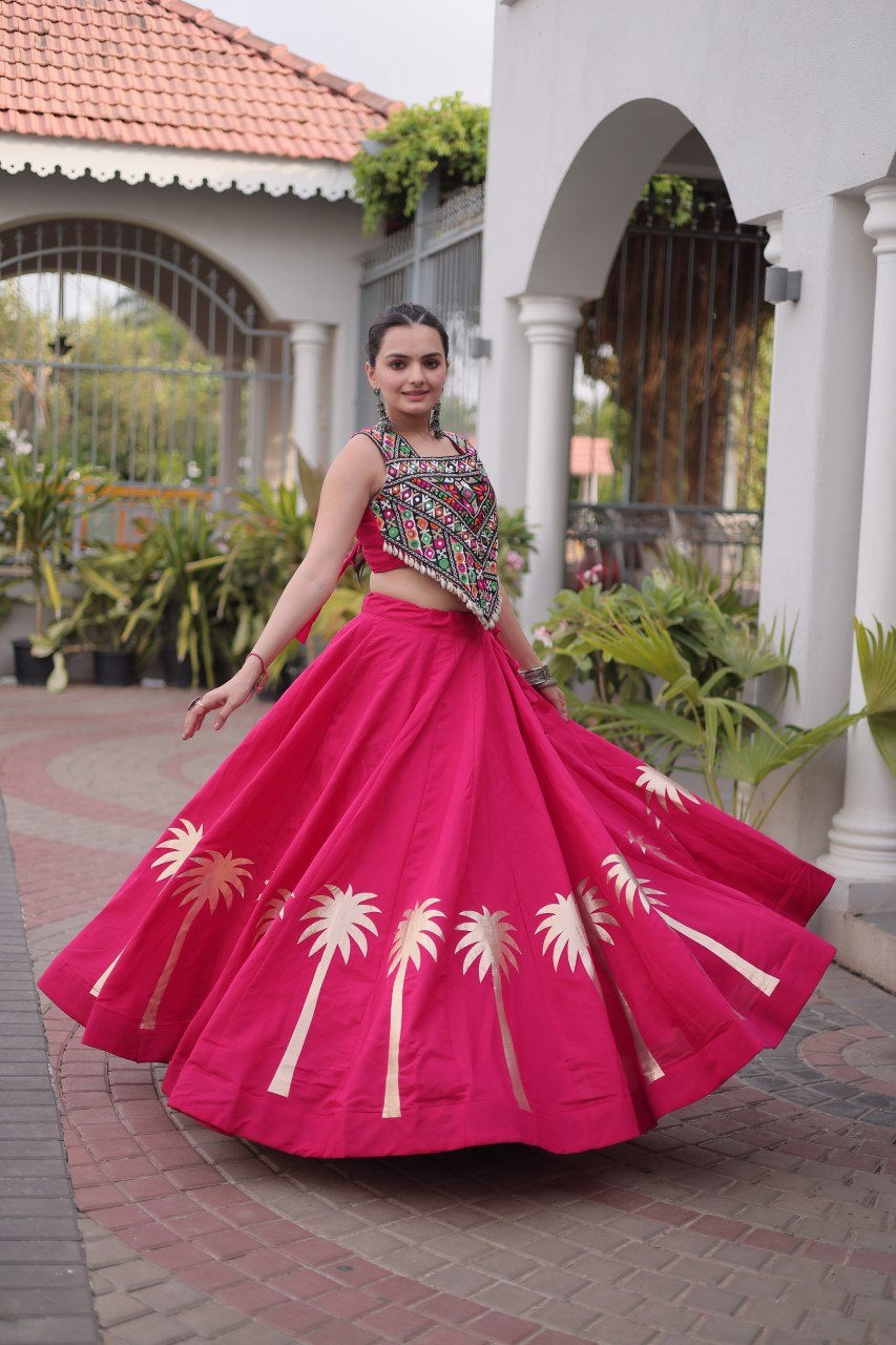 Womenline Rani Pink Navratri Lehenga Choli with Mirror Work Blouse
