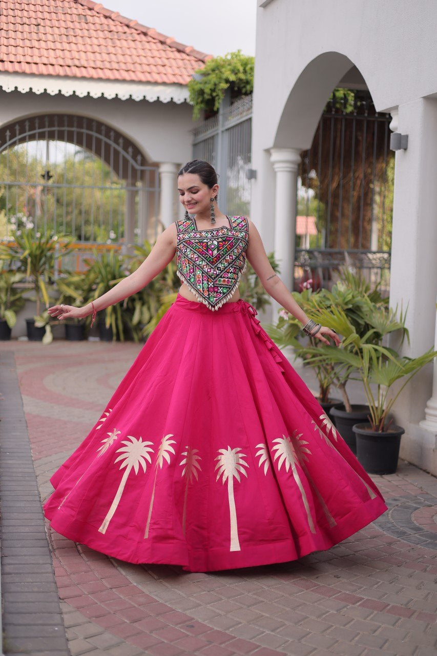 Womenline Rani Pink Navratri Lehenga Choli with Mirror Work Blouse