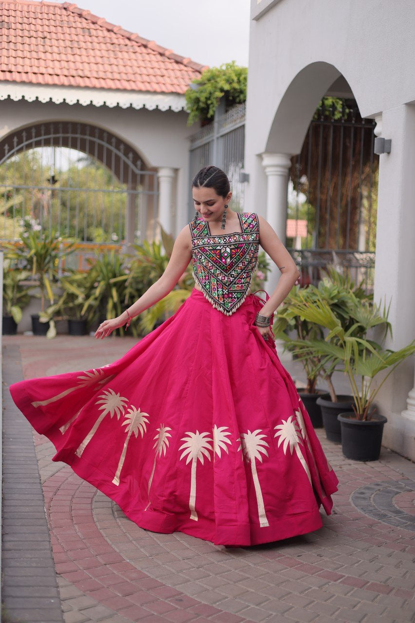 Womenline Rani Pink Navratri Lehenga Choli with Mirror Work Blouse