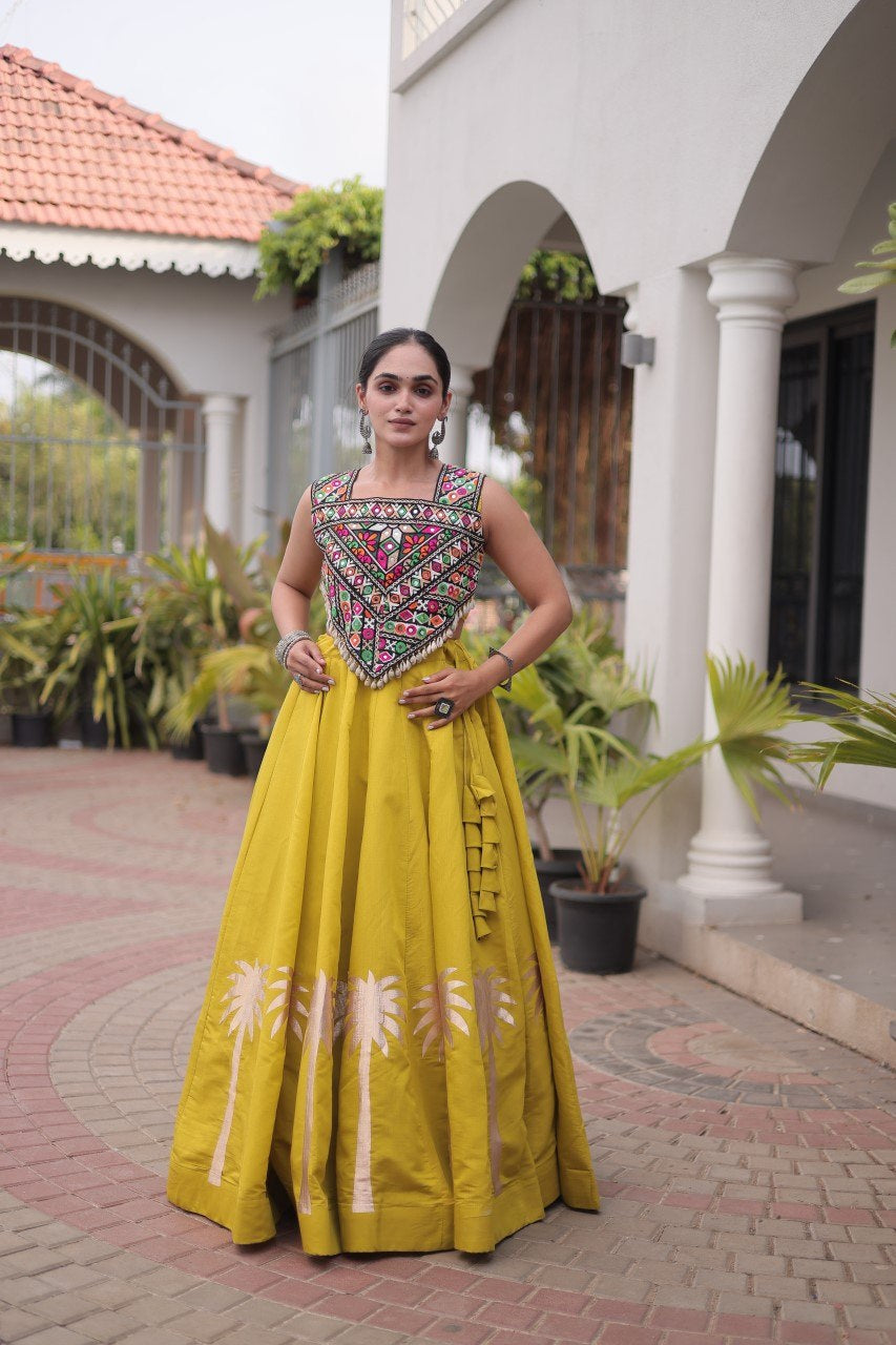 Womenline Mustard Yellow Navratri Lehenga Choli with Mirror Work Blouse