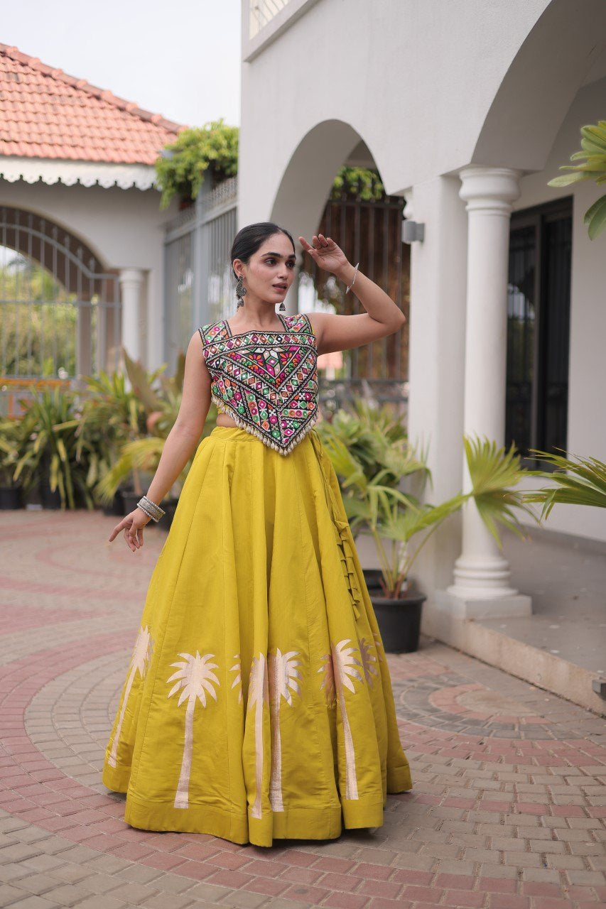 Womenline Mustard Yellow Navratri Lehenga Choli with Mirror Work Blouse