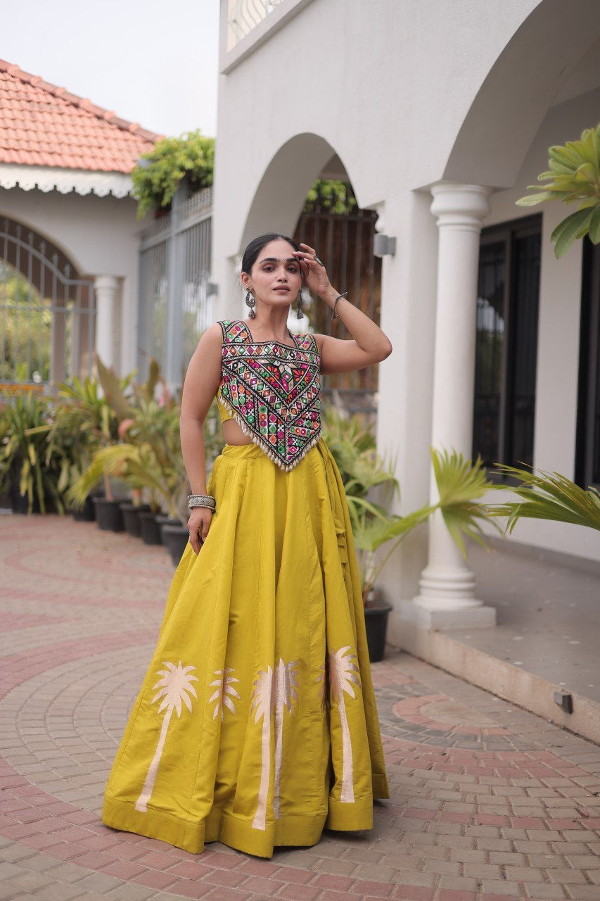 Womenline Mustard Yellow Navratri Lehenga Choli with Mirror Work Blouse