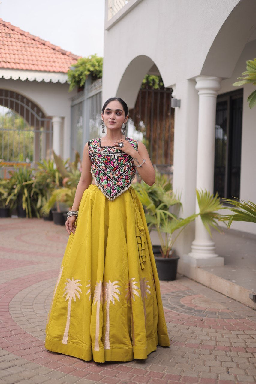Womenline Mustard Yellow Navratri Lehenga Choli with Mirror Work Blouse