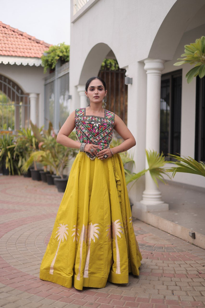 Womenline Mustard Yellow Navratri Lehenga Choli with Mirror Work Blouse