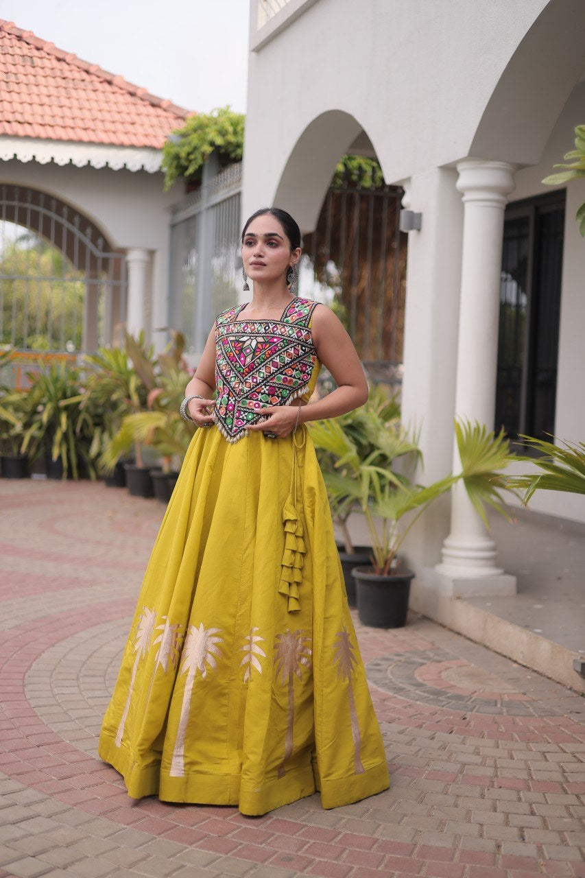 Womenline Mustard Yellow Navratri Lehenga Choli with Mirror Work Blouse