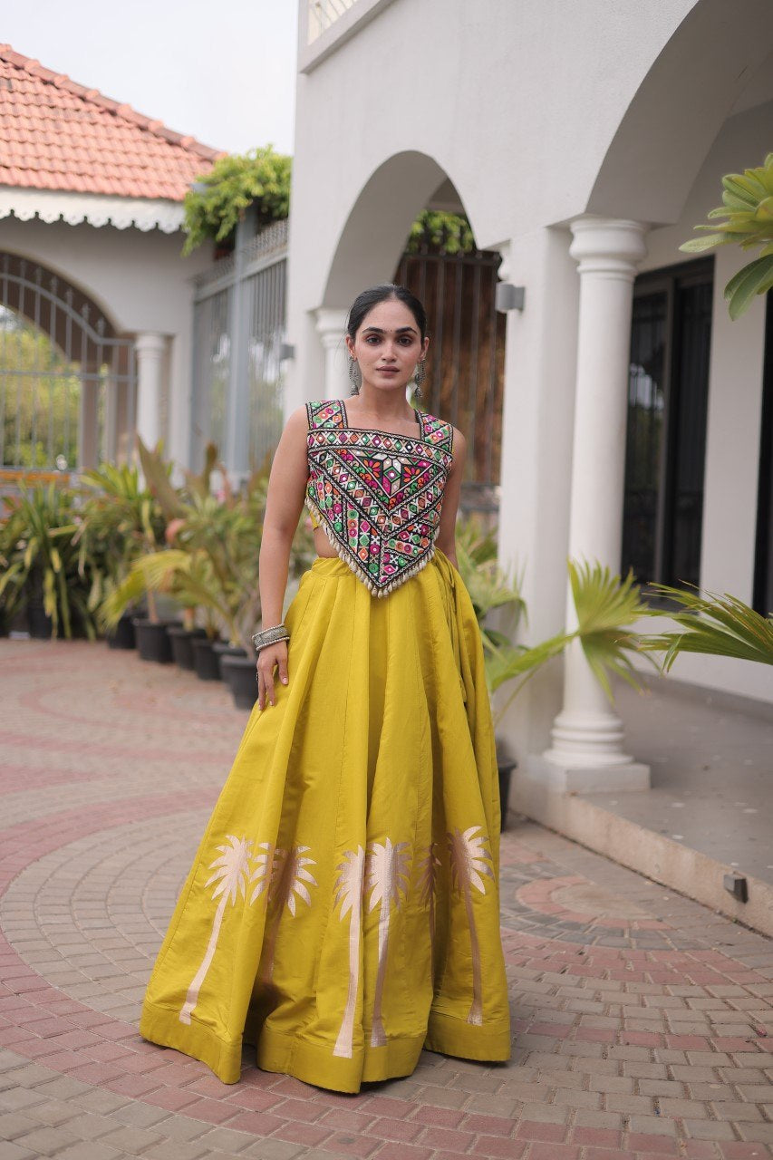 Womenline Mustard Yellow Navratri Lehenga Choli with Mirror Work Blouse