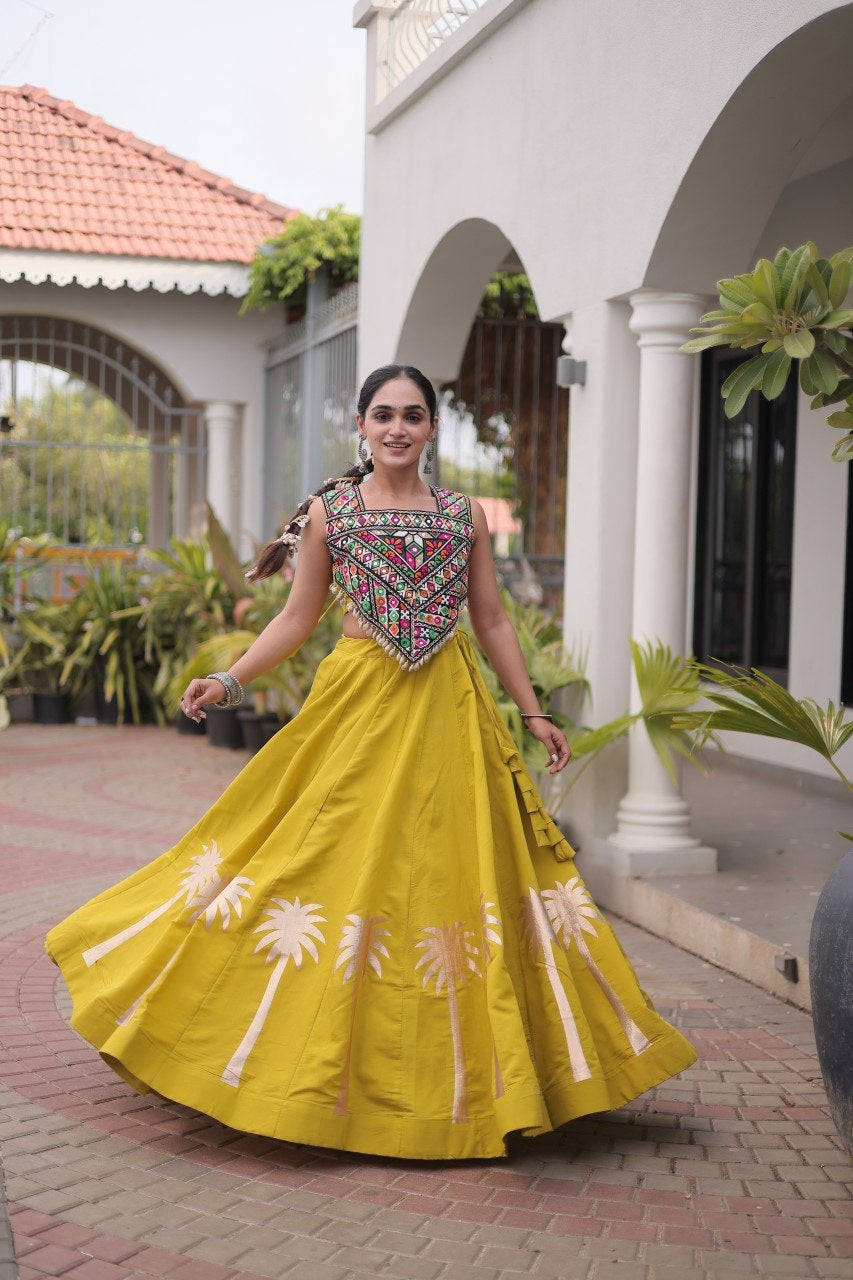 Womenline Mustard Yellow Navratri Lehenga Choli with Mirror Work Blouse