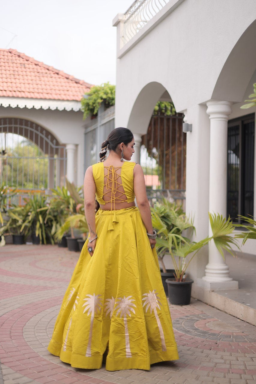 Womenline Mustard Yellow Navratri Lehenga Choli with Mirror Work Blouse