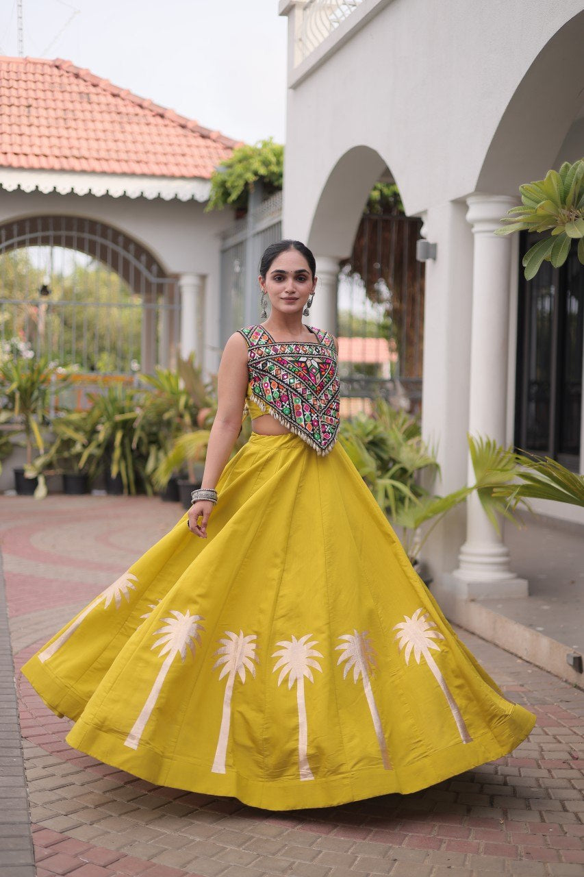 Womenline Mustard Yellow Navratri Lehenga Choli with Mirror Work Blouse