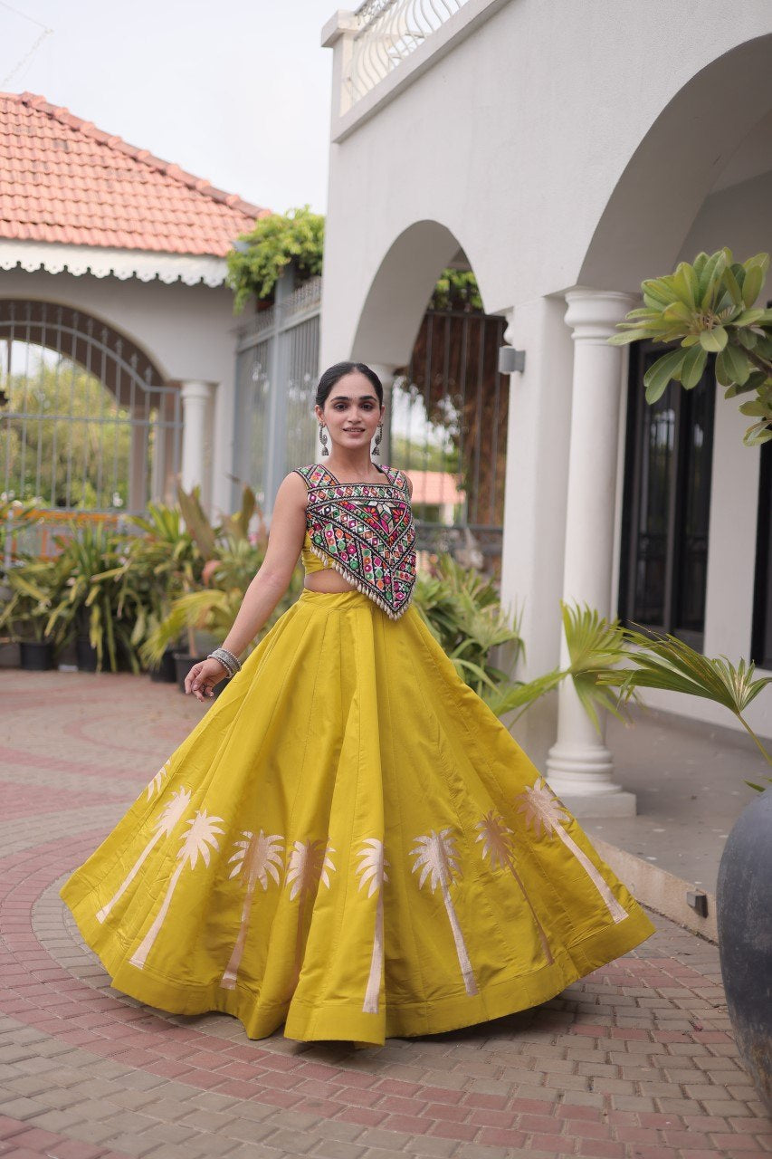 Womenline Mustard Yellow Navratri Lehenga Choli with Mirror Work Blouse