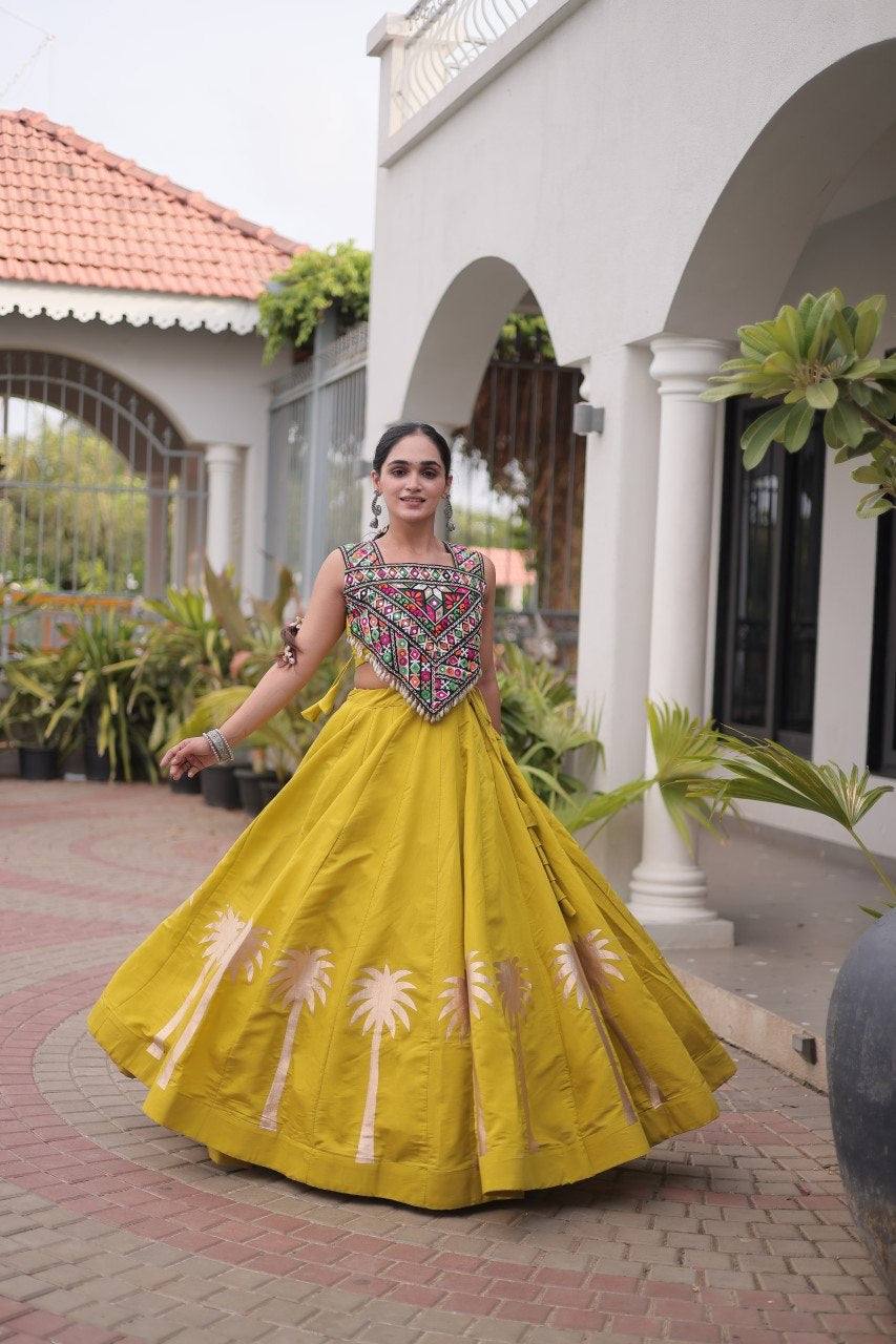 Womenline Mustard Yellow Navratri Lehenga Choli with Mirror Work Blouse