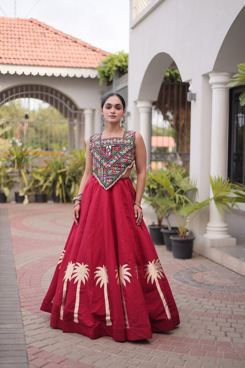 Womenline Maroon Navratri Lehenga Choli with Mirror Work Blouse