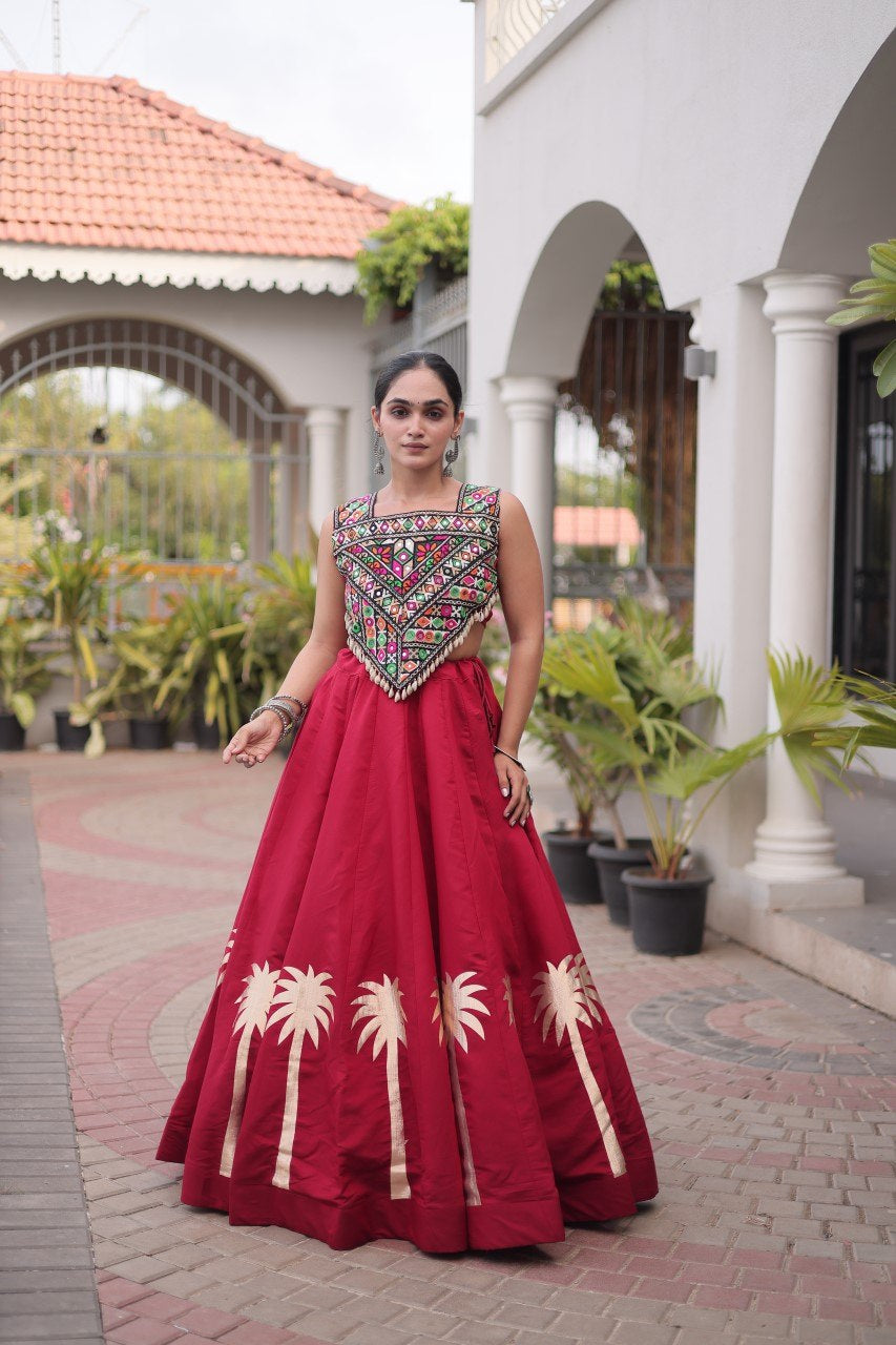 Womenline Maroon Navratri Lehenga Choli with Mirror Work Blouse