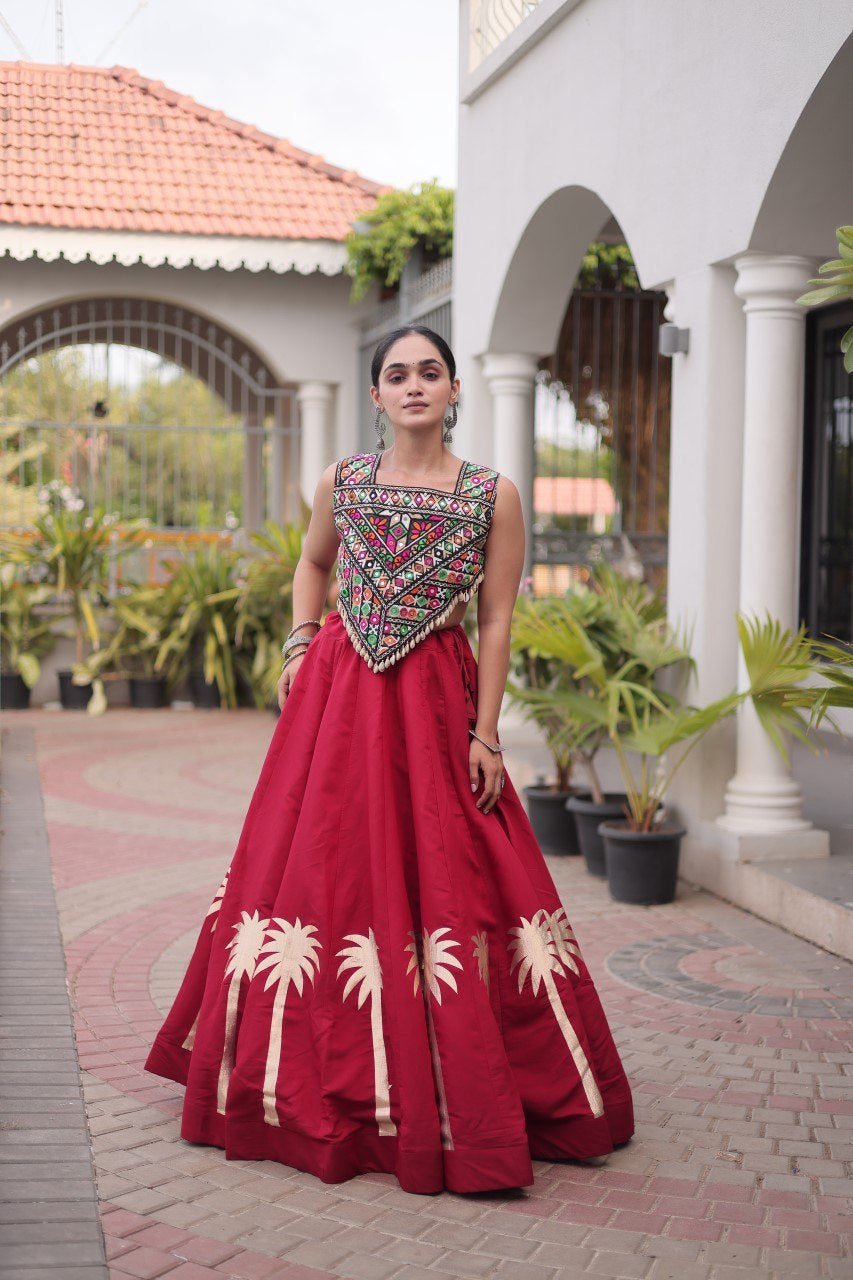 Womenline Maroon Navratri Lehenga Choli with Mirror Work Blouse