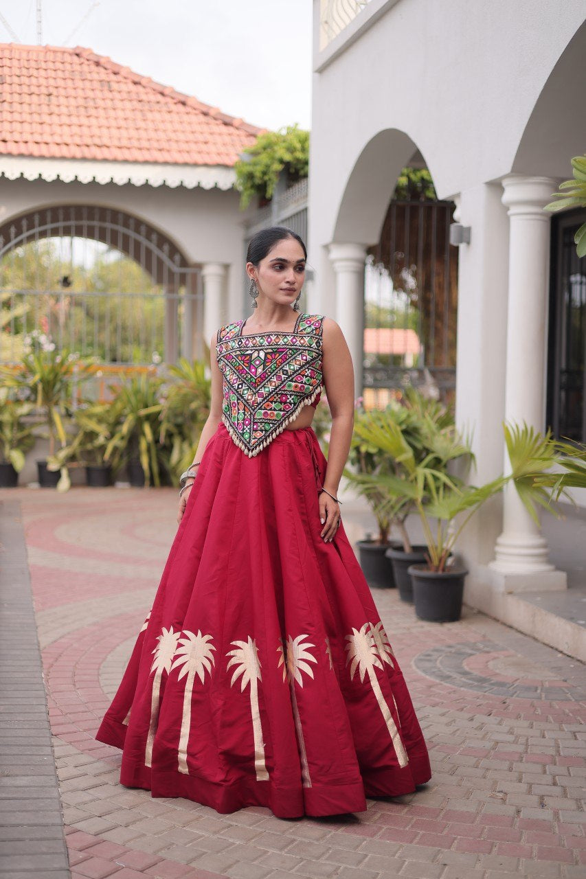 Womenline Maroon Navratri Lehenga Choli with Mirror Work Blouse