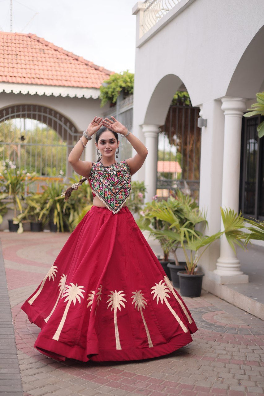 Womenline Maroon Navratri Lehenga Choli with Mirror Work Blouse