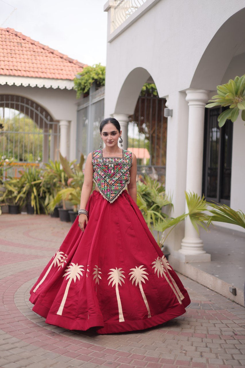 Womenline Maroon Navratri Lehenga Choli with Mirror Work Blouse