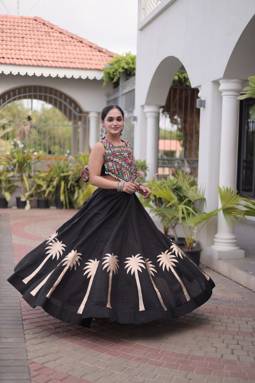 Womenline Black Navratri Lehenga Choli with Mirror Work Blouse