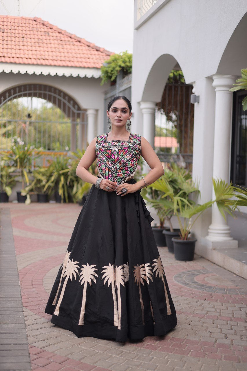 Womenline Black Navratri Lehenga Choli with Mirror Work Blouse