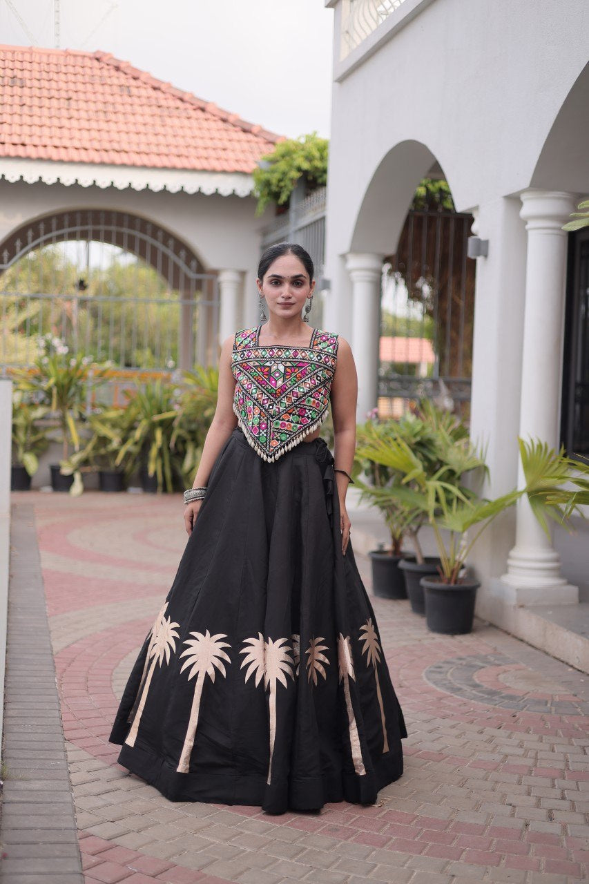 Womenline Black Navratri Lehenga Choli with Mirror Work Blouse