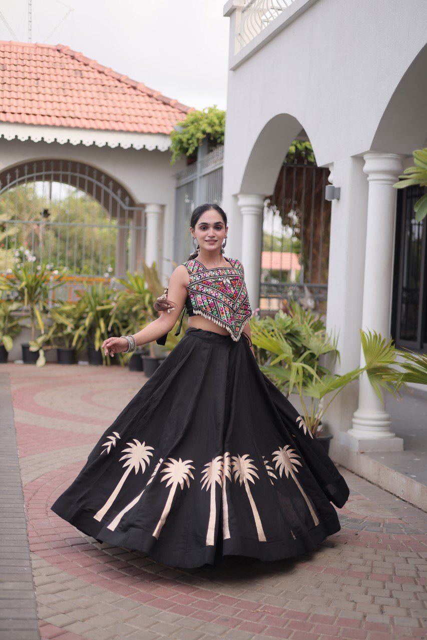 Womenline Black Navratri Lehenga Choli with Mirror Work Blouse
