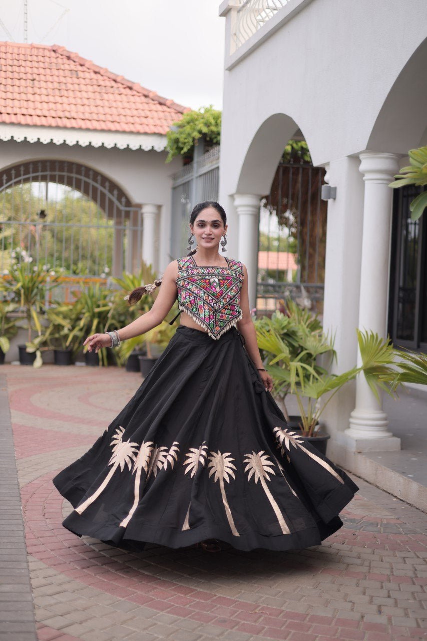 Womenline Black Navratri Lehenga Choli with Mirror Work Blouse
